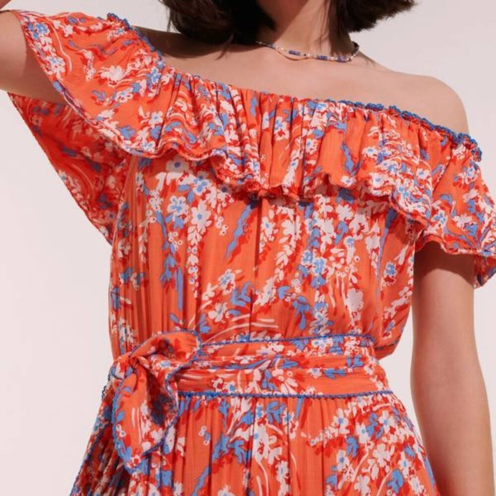 Poupette St Barth Women's Long Dress Bella Ruffled Off Shoulder Belted Size S - Picture 3 of 10